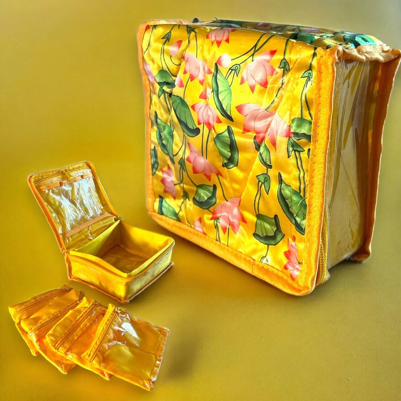 Lotus Print Indian Jewelry Box Satin Pouches Jewellery Traveling Organizer Storage Bag with 4 Transparent Pouches Indian Wedding Favor Bridesmaid Gift